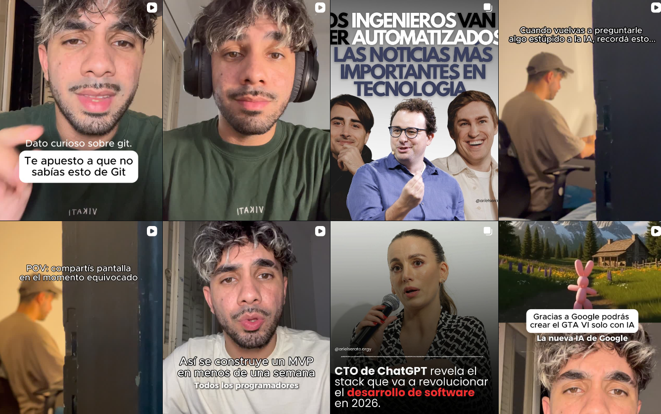 Grid de contenido de Ariel - Reels sobre tech, programacion y startups